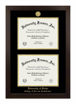 University of Idaho College of Art and Architecture Double Diploma Frame in Manhattan Espresso with Black & Gold Mats for document: 8 1/2"h x 11"w  , document: 8 1/2"h x 11"w  