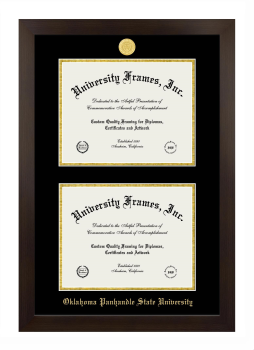 Oklahoma Panhandle State University Double Diploma Frame in Manhattan Espresso with Black & Gold Mats for document: 8 1/2"h x 11"w  , document: 8 1/2"h x 11"w  
