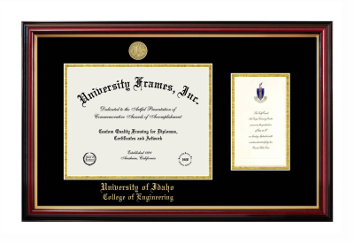 University of Idaho College of Engineering Diploma with Announcement Frame in Petite Mahogany with Gold Trim with Black & Gold Mats for document: 8 1/2"h x 11"w  , diploma: 7"h x 4"w  