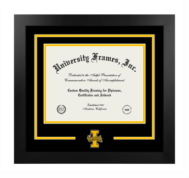 University of Idaho College of Graduate Studies Logo Mat Frame in Manhattan Black with Black & Amber Mats for document: 8 1/2"h x 11"w  