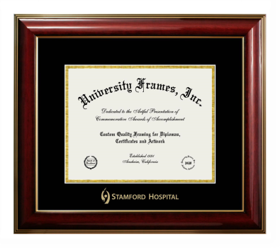 Stamford Hospital Diploma Frame in Classic Mahogany with Gold Trim with Black & Gold Mats for document: 8 1/2"h x 11"w  
