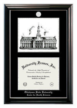 Oklahoma State University Center for Health Sciences Double Opening with Campus Image (Stacked) Frame in Classic Ebony with Silver Trim with Black & Silver Mats for document: 8 1/2"h x 11"w  