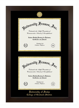 University of Idaho College of Graduate Studies Double Diploma Frame in Manhattan Espresso with Black & Gold Mats for document: 8 1/2"h x 11"w  , document: 8 1/2"h x 11"w  