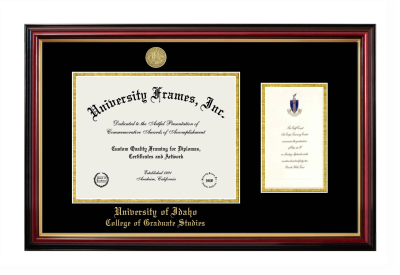 University of Idaho College of Graduate Studies Diploma with Announcement Frame in Petite Mahogany with Gold Trim with Black & Gold Mats for document: 8 1/2"h x 11"w  , diploma: 7"h x 4"w  