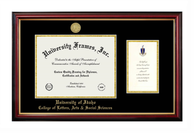 University of Idaho College of Letters, Arts & Social Sciences Diploma with Announcement Frame in Petite Mahogany with Gold Trim with Black & Gold Mats for document: 8 1/2"h x 11"w  , diploma: 7"h x 4"w  