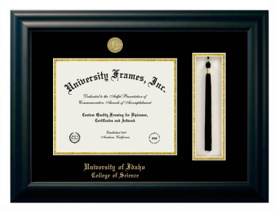 University of Idaho College of Science Diploma with Tassel Box Frame in Satin Black with Black & Gold Mats for document: 8 1/2"h x 11"w  