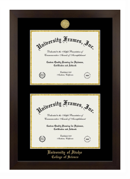University of Idaho College of Science Double Diploma Frame in Manhattan Espresso with Black & Gold Mats for document: 8 1/2"h x 11"w  , document: 8 1/2"h x 11"w  