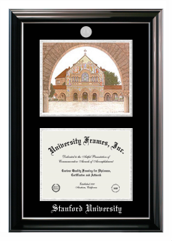 Stanford University Double Opening with Campus Image (Stacked) Frame in Classic Ebony with Silver Trim with Black & Silver Mats for document: 8 1/2"h x 11"w  