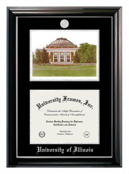 University of Illinois Double Opening with Campus Image (Stacked) Frame in Classic Ebony with Silver Trim with Black & Silver Mats for document: 8 1/2"h x 11"w  