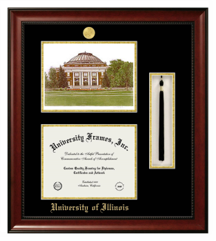 University of Illinois Double Opening with Campus Image & Tassel Box (Stacked) Frame in Avalon Mahogany with Black & Gold Mats for document: 8 1/2"h x 11"w  