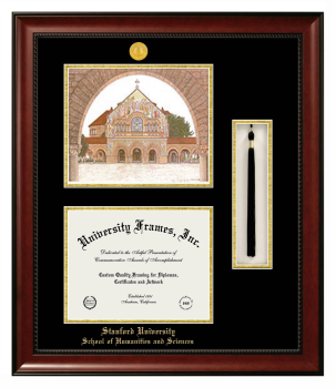 Stanford University School of Humanities and Sciences Double Opening with Campus Image & Tassel Box (Stacked) Frame in Avalon Mahogany with Black & Gold Mats for document: 8 1/2"h x 11"w  