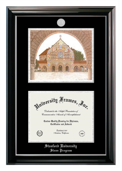 Stanford University Sloan Program Double Opening with Campus Image (Stacked) Frame in Classic Ebony with Silver Trim with Black & Silver Mats for document: 8 1/2"h x 11"w  