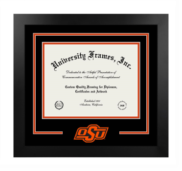 Oklahoma State University Honors College Logo Mat Frame in Manhattan Black with Black & Orange Mats for document: 8 1/2"h x 11"w  