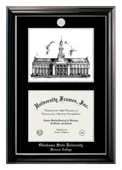 Oklahoma State University Honors College Double Opening with Campus Image (Stacked) Frame in Classic Ebony with Silver Trim with Black & Silver Mats for document: 8 1/2"h x 11"w  