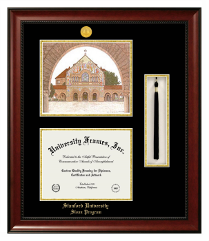 Stanford University Sloan Program Double Opening with Campus Image & Tassel Box (Stacked) Frame in Avalon Mahogany with Black & Gold Mats for document: 8 1/2"h x 11"w  