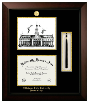 Oklahoma State University Honors College Double Opening with Campus Image & Tassel Box (Stacked) Frame in Legacy Black Cherry with Black & Gold Mats for document: 8 1/2"h x 11"w  