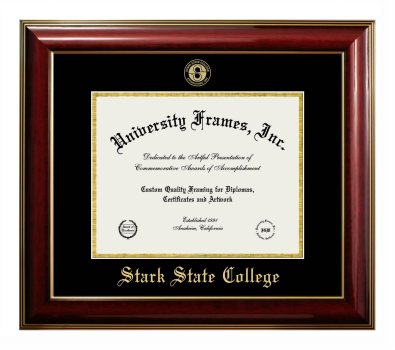 Stark State College Diploma Frame in Classic Mahogany with Gold Trim with Black & Gold Mats for document: 8 1/2"h x 11"w  