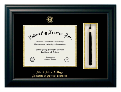 Stark State College Associate of Applied Business Diploma with Tassel Box Frame in Satin Black with Black & Gold Mats for document: 8 1/2"h x 11"w  