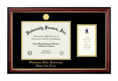 Oklahoma State University Magna Cum Laude Diploma with Announcement Frame in Petite Mahogany with Gold Trim with Black & Gold Mats for document: 8 1/2"h x 11"w  , diploma: 7"h x 4"w  
