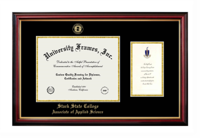 Stark State College Associate of Applied Science Diploma with Announcement Frame in Petite Mahogany with Gold Trim with Black & Gold Mats for document: 8 1/2"h x 11"w  , diploma: 7"h x 4"w  