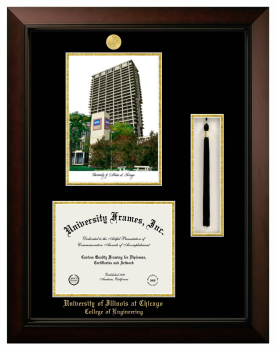 University of Illinois at Chicago College of Engineering Double Opening with Campus Image & Tassel Box (Stacked) Frame in Legacy Black Cherry with Black & Gold Mats for document: 8 1/2"h x 11"w  