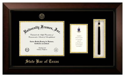 State Bar of Texas Diploma with Announcement & Tassel Box Frame in Legacy Black Cherry with Black & Gold Mats for document: 8 1/2"h x 11"w  , diploma: 7"h x 4"w  