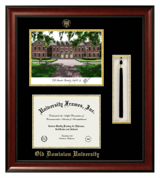 Old Dominion University Double Opening with Campus Image & Tassel Box (Stacked) Frame in Avalon Mahogany with Black & Gold Mats for document: 8 1/2"h x 11"w  