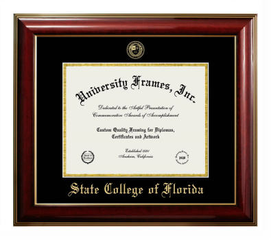 State College of Florida Diploma Frame in Classic Mahogany with Gold Trim with Black & Gold Mats for document: 8 1/2"h x 11"w  