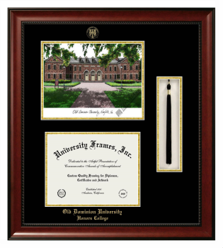 Old Dominion University Honors College Double Opening with Campus Image & Tassel Box (Stacked) Frame in Avalon Mahogany with Black & Gold Mats for document: 8 1/2"h x 11"w  