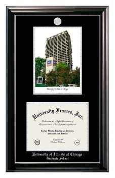University of Illinois at Chicago Graduate School Double Opening with Campus Image (Stacked) Frame in Classic Ebony with Silver Trim with Black & Silver Mats for document: 8 1/2"h x 11"w  