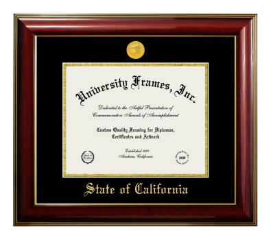 State of California Diploma Frame in Classic Mahogany with Gold Trim with Black & Gold Mats for document: 8 1/2"h x 11"w  