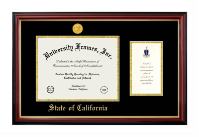 State of California Diploma with Announcement Frame in Petite Mahogany with Gold Trim with Black & Gold Mats for document: 8 1/2"h x 11"w  , diploma: 7"h x 4"w  