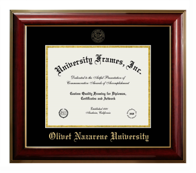 Olivet Nazarene University Diploma Frame in Classic Mahogany with Gold Trim with Black & Gold Mats for document: 8 1/2"h x 11"w  
