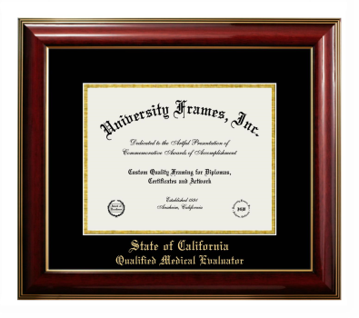 State of California Qualified Medical Evaluator Diploma Frame in Classic Mahogany with Gold Trim with Black & Gold Mats for document: 8 1/2"h x 11"w  