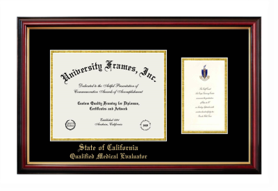 State of California Qualified Medical Evaluator Diploma with Announcement Frame in Petite Mahogany with Gold Trim with Black & Gold Mats for document: 8 1/2"h x 11"w  , diploma: 7"h x 4"w  