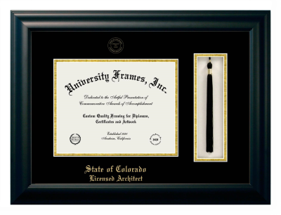 State of Colorado Licensed Architect Diploma with Tassel Box Frame in Satin Black with Black & Gold Mats for document: 8 1/2"h x 11"w  