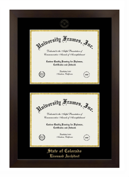State of Colorado Licensed Architect Double Diploma Frame in Manhattan Espresso with Black & Gold Mats for document: 8 1/2"h x 11"w  , document: 8 1/2"h x 11"w  