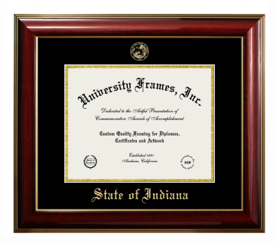 State of Indiana Diploma Frame in Classic Mahogany with Gold Trim with Black & Gold Mats for document: 8 1/2"h x 11"w  
