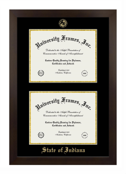 State of Indiana Double Diploma Frame in Manhattan Espresso with Black & Gold Mats for document: 8 1/2"h x 11"w  , document: 8 1/2"h x 11"w  