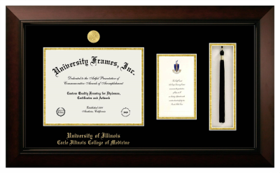 University of Illinois Carle Illinois College of Medicine Diploma with Announcement & Tassel Box Frame in Legacy Black Cherry with Black & Gold Mats for document: 8 1/2"h x 11"w  , diploma: 7"h x 4"w  