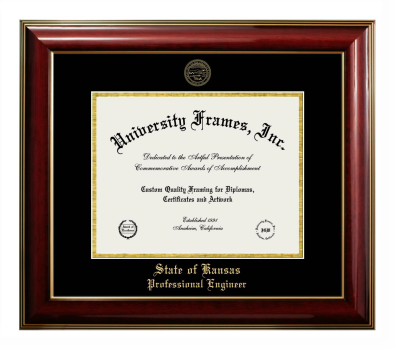 State of Kansas Professional Engineer Diploma Frame in Classic Mahogany with Gold Trim with Black & Gold Mats for document: 8 1/2"h x 11"w  