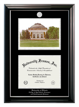 University of Illinois College of Agricultural, Consumer and Environmental Sciences Double Opening with Campus Image (Stacked) Frame in Classic Ebony with Silver Trim with Black & Silver Mats for document: 8 1/2"h x 11"w  