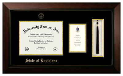 State of Louisiana Diploma with Announcement & Tassel Box Frame in Legacy Black Cherry with Black & Gold Mats for document: 8 1/2"h x 11"w  , diploma: 7"h x 4"w  