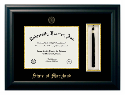 State of Maryland Diploma with Tassel Box Frame in Satin Black with Black & Gold Mats for document: 8 1/2"h x 11"w  
