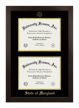 State of Maryland Double Diploma Frame in Manhattan Espresso with Black & Gold Mats for document: 8 1/2"h x 11"w  , document: 8 1/2"h x 11"w  