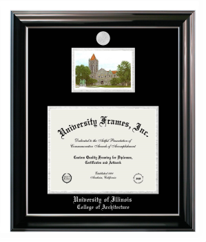 University of Illinois College of Architecture Double Opening with Campus Image (Stacked) Frame in Classic Ebony with Silver Trim with Black & Silver Mats for document: 8 1/2"h x 11"w  