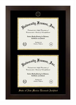 State of New Mexico Licensed Architect Double Diploma Frame in Manhattan Espresso with Black & Gold Mats for document: 8 1/2"h x 11"w  , document: 8 1/2"h x 11"w  