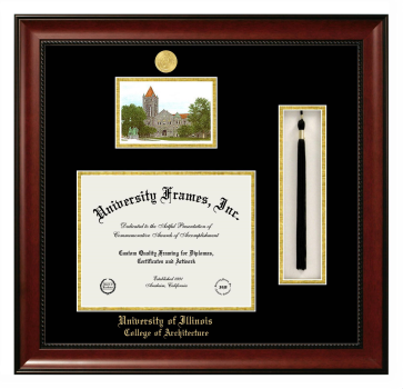 University of Illinois College of Architecture Double Opening with Campus Image & Tassel Box (Stacked) Frame in Avalon Mahogany with Black & Gold Mats for document: 8 1/2"h x 11"w  