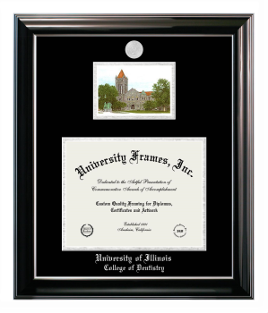 University of Illinois College of Dentistry Double Opening with Campus Image (Stacked) Frame in Classic Ebony with Silver Trim with Black & Silver Mats for document: 8 1/2"h x 11"w  