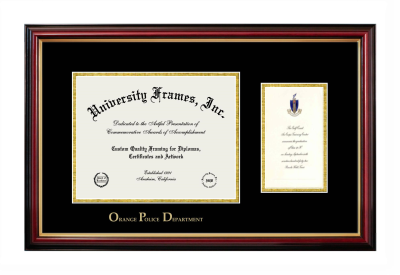 Orange Police Department Diploma with Announcement Frame in Petite Mahogany with Gold Trim with Black & Gold Mats for document: 8 1/2"h x 11"w  , diploma: 7"h x 4"w  